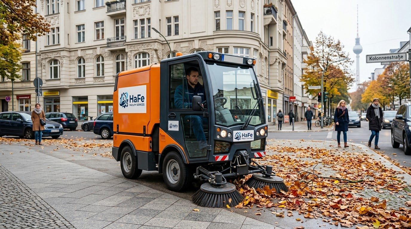 Gehwegreinigung mit Kehrmaschine in der Kolonnenstraße, Berlin