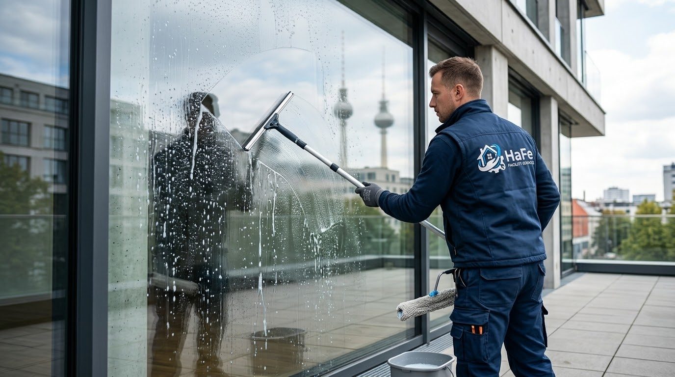 Glasreinigung an einer Bürofassade in Berlin