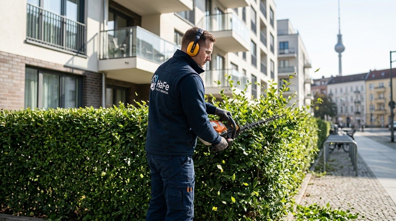 Grünpflege in Berlin: Heckenschnitt an einer Wohnanlage
