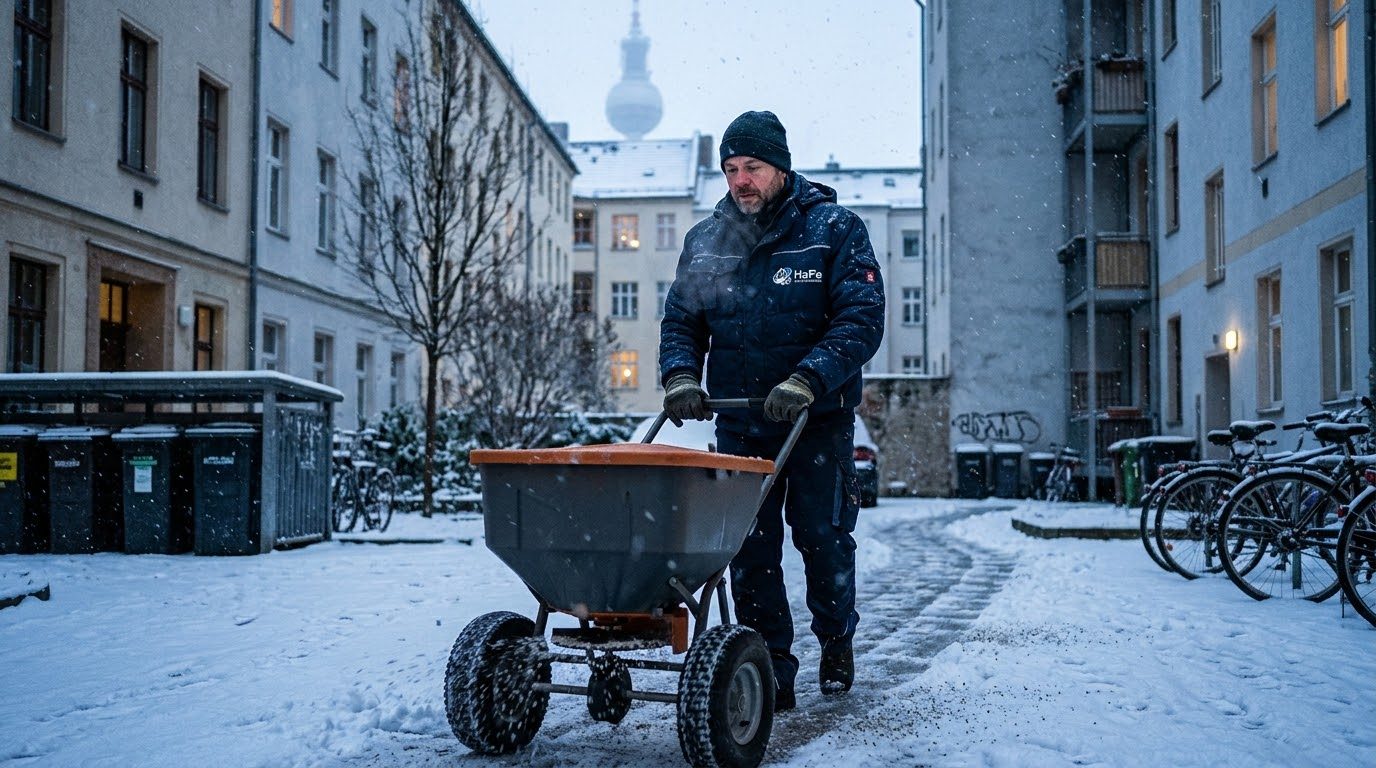 Winterdienst in Berlin: Streuen eines Hofwegs